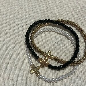 Gold, white and Black Beaded Bracelets with Cross Charm